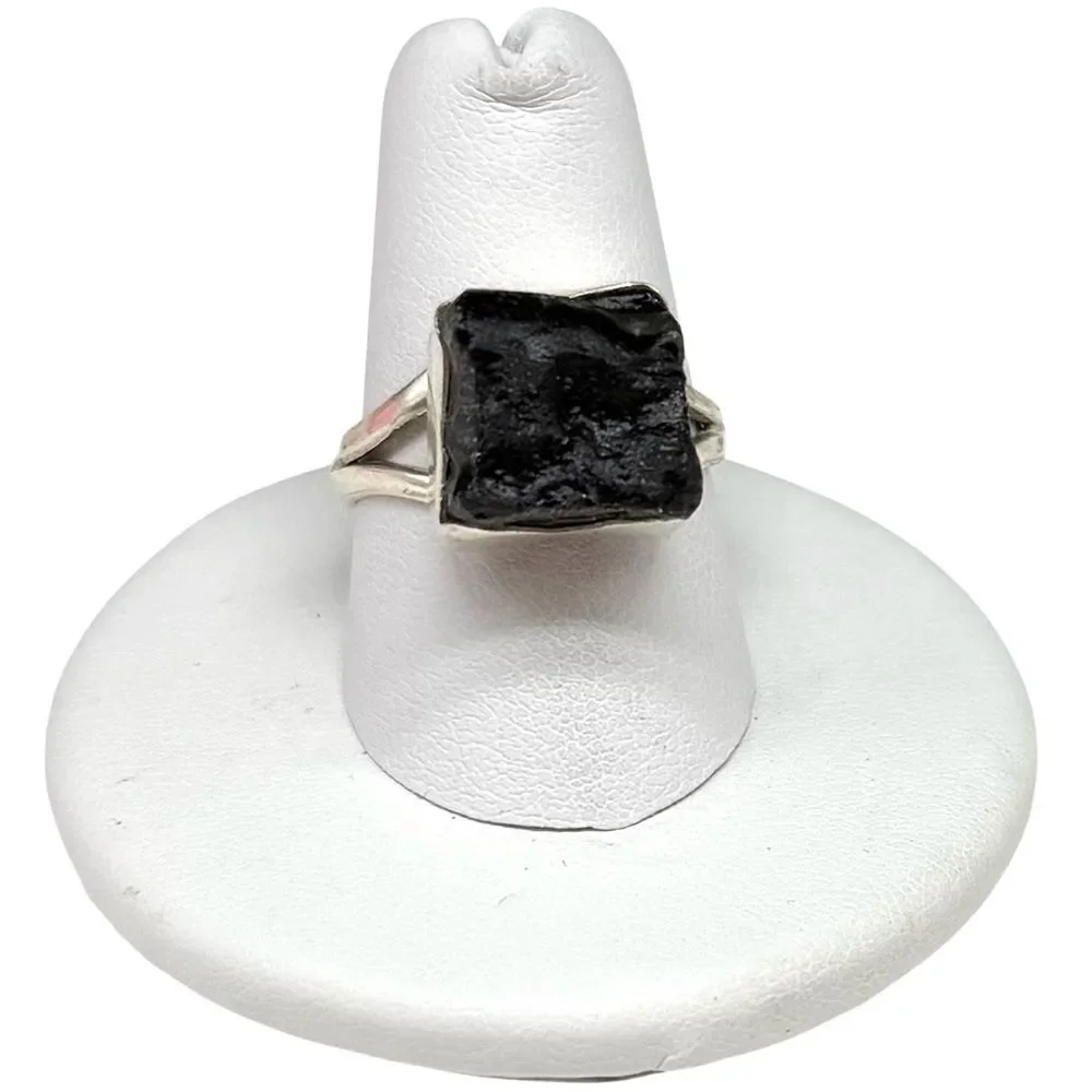 Moldavite Ring Size 8 Solid 925 Sterling Silver Raw Rough Natural Stone Crystal
